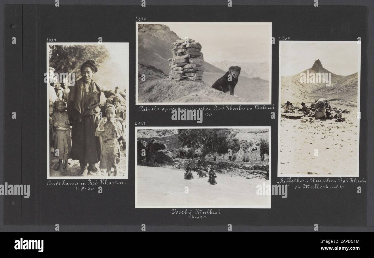 Photo album Fisherman: Third Karakorum Expedition, Burma, Dutch East Indies 1930 Description: Albumblad with four photographs. Left: old Lama in Bod Kharbu; upper middle: the dog Patiala on the pass between Bod Kharbu and Mulbeck; lower middle: crossing through a river at Mulbeck; right: the 'Riffelhorn' between Bod Kharbu and Mulbeck Annotation: A llama is a religious teacher of Buddhism in Tibet. The Tibetan mastiff Patiala was given to Jenny Visser-Hooft in 1925 by the maharaja of Patiala Date: 2 August 1930 Location: Bod Kharbu, India, Karakoram, Karakorum, Mulbeck, Pakistan Keywords: moun Stock Photo