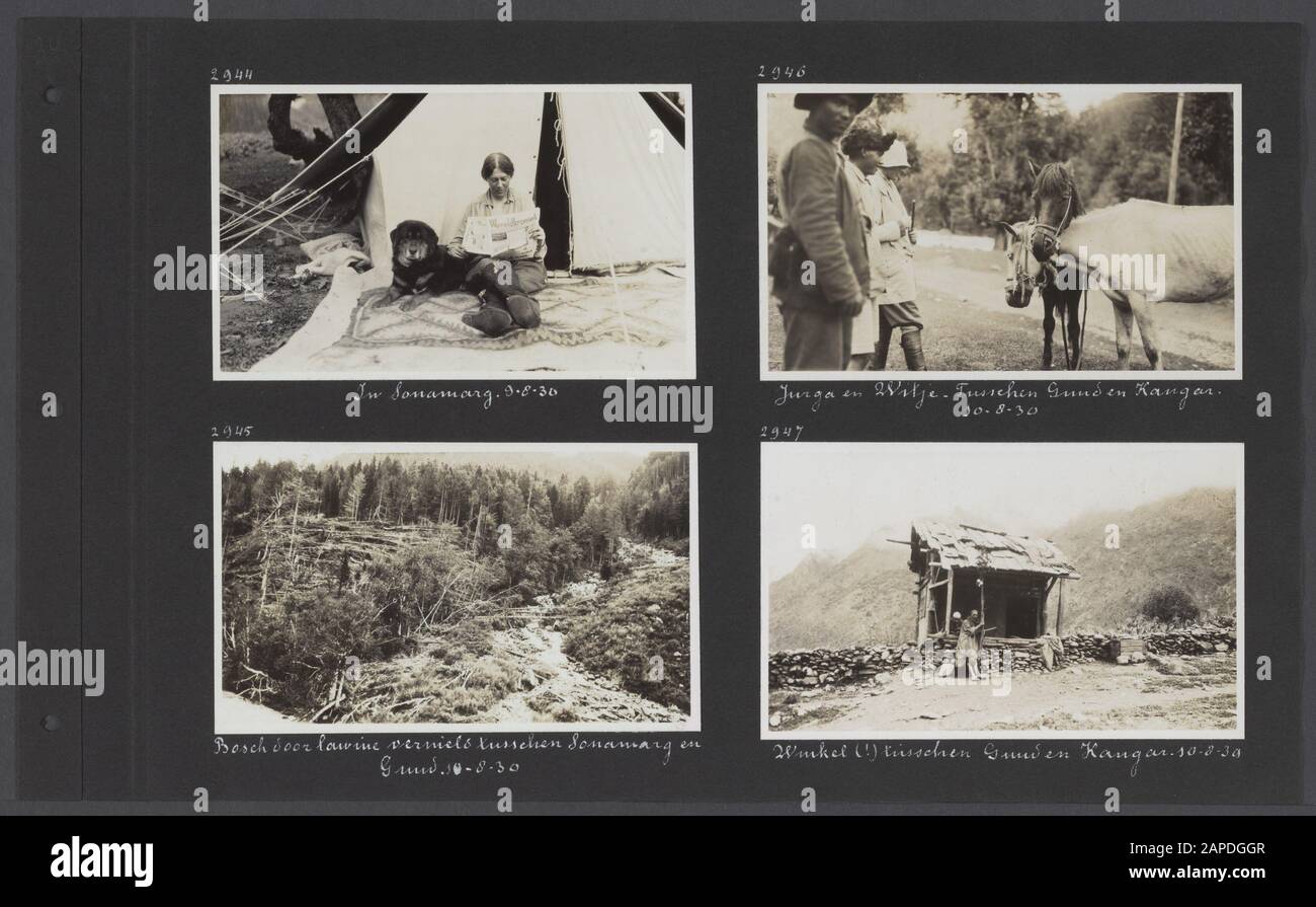 Photo album Fisherman: Third Karakorum Expedition, Burma, Dutch East Indies 1930 Description: Albumblad with four photographs. Upper left: Jenny Visser-Hooft reads the World Chronicle for the tent in Sonamarg; next to her the dog Patiala; lower left: a forest destroyed by an avalanche between Sonamarg and Guud; upper right: the horses Jurga and Witje between Guud and Kangar; lower right: a shop between Guud and Kangar Annotation: The Tibetan mastiff Patiala was presented in 1925 by the maharaja of Patiala to Jenny Visser-Hooft Date: August 9, 1930 Location: Guud, India, Karakoram, Karakorum, P Stock Photo