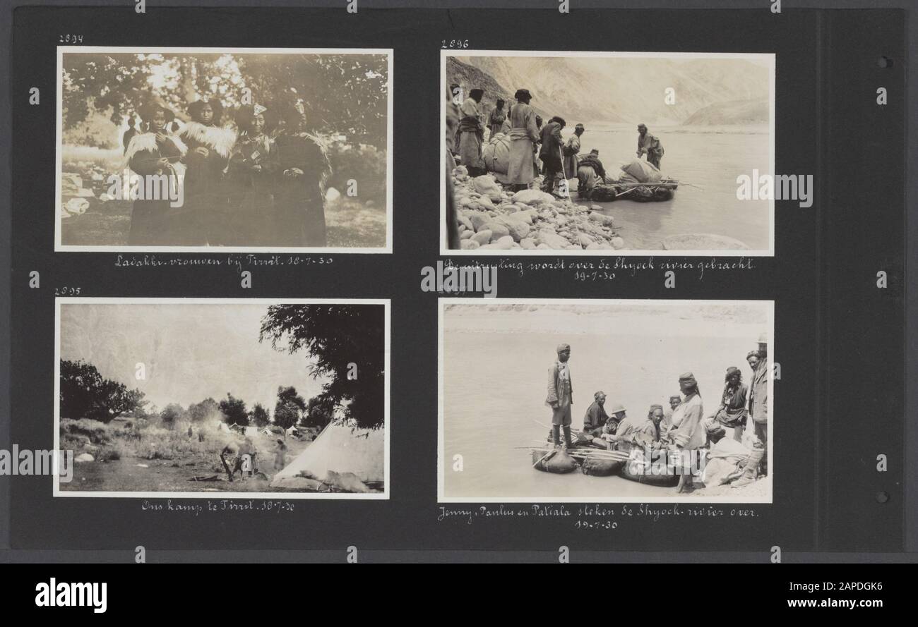 Photo album Fisherman: Third Karakorum Expedition, Burma, Dutch East Indies 1930 Description: Albumblad with four photographs. Top left: Ladakki women at Tirrit; lower left: the camp at Tirrit; upper right: the equipment of the expedition is brought over the Shyok River; lower right: Jenny Visser-Hooft, guide Paul and dog Patiala cross the Shyok River Annotation: The Tibetan mastiff Patiala was built in 1925 Gift to Jenny Visser by the maharaja of Patiala Date: July 18, 1930 Location: India, Karakoram, Karakorum, Pakistan, Shyok River, Tirrit Keywords: Expeditions, Dogs, Indigenous Population, Stock Photo