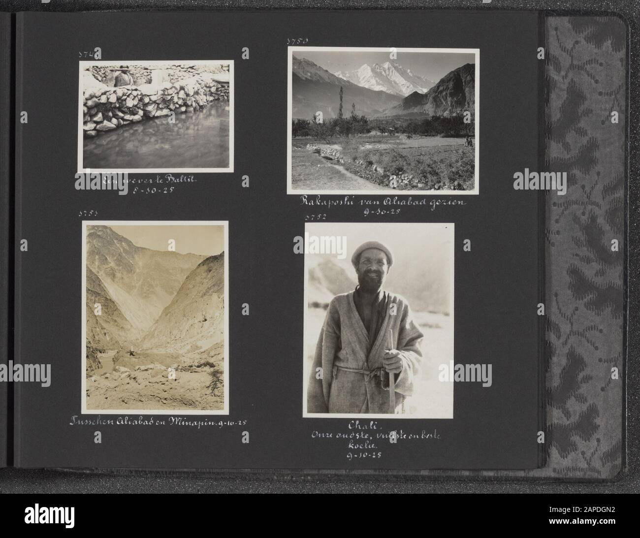 Photo Album Fisherman: Second Karakorum Expedition Description: Album sheet with four pictures. Top left: man with loom behind a wall in Baltit. Top right: the Rakaposhi seen from Aliabad. Bottom left: Hunza Valley between Aliabad and Minapin. Bottom right: the carrier Chali. Described by Visser here as the oldest, dirtiest and best cooly Annotation: The Rakaposhi is a 7788 m high mountain. The mountain was first climbed in 1958 by a Britian-Pakistani expedition Date: 1 January 1925 Location: Aliabad, Hunza-valley, Karakorum, Pakistan, Rakaposhi Keywords: carriers, expeditions, coolies, weavin Stock Photo