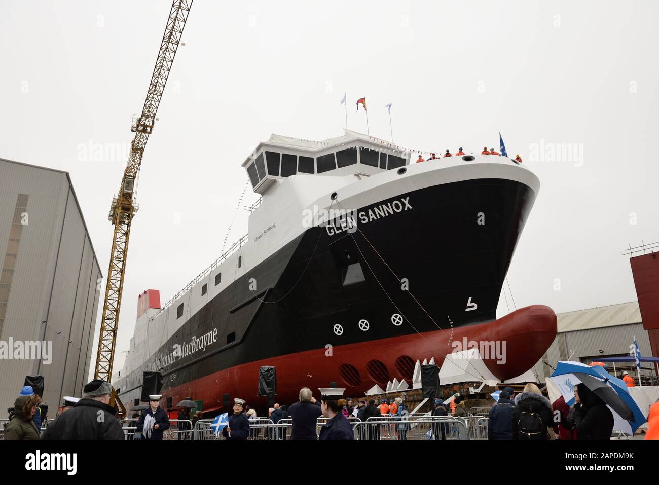 The bulbous bow of the Glen Sannox ferry at it's launch in Ferguson Marine  shipyard, Greenock, Glasgow, Scotland, Europe Stock Photo - Alamy