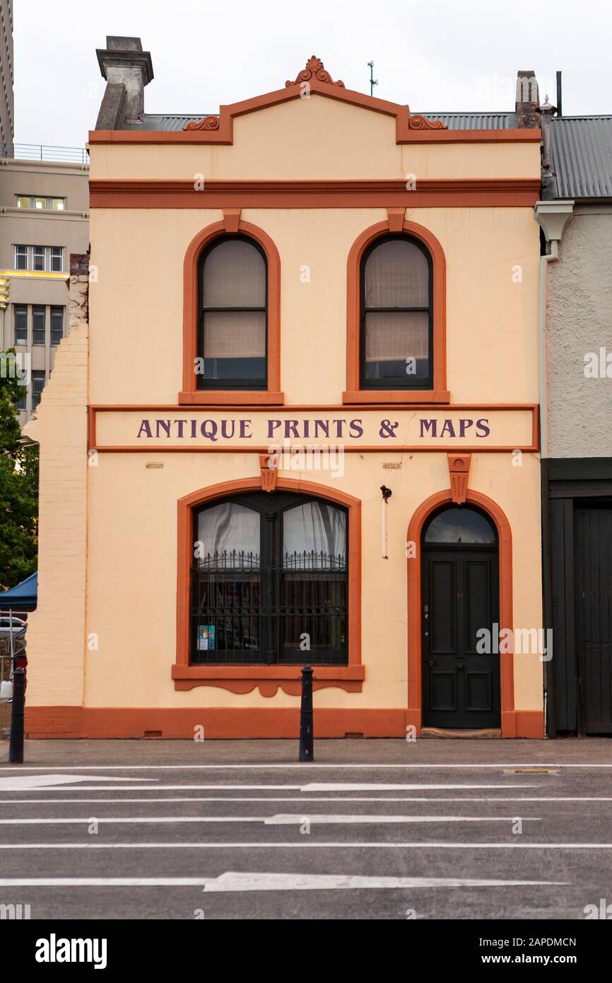 The Antique Prints and Maps shopfront can be seen near the Hobart Harbor in Hobart, Tasmania, Australia. Stock Photo