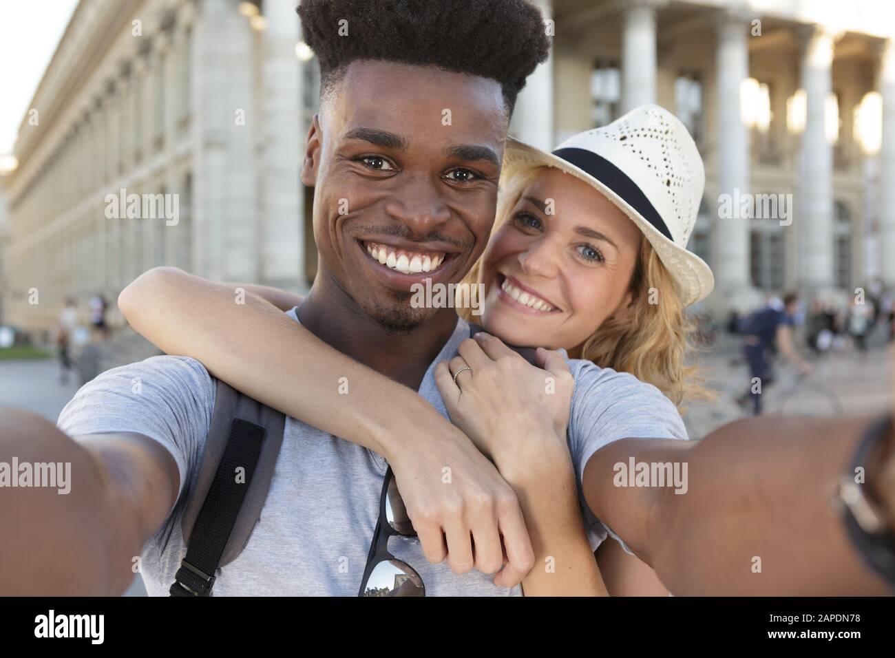 lovely mixed couple making a selfie Stock Photo