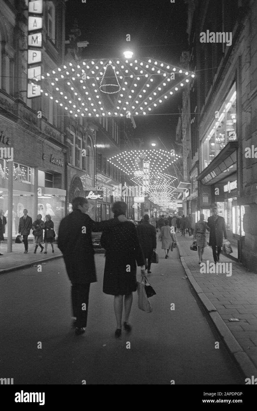 Amsterdam city centre illuminates the Kalverstraat Date: November 14, 1968 Keywords: inner cities, party lights Stock Photo