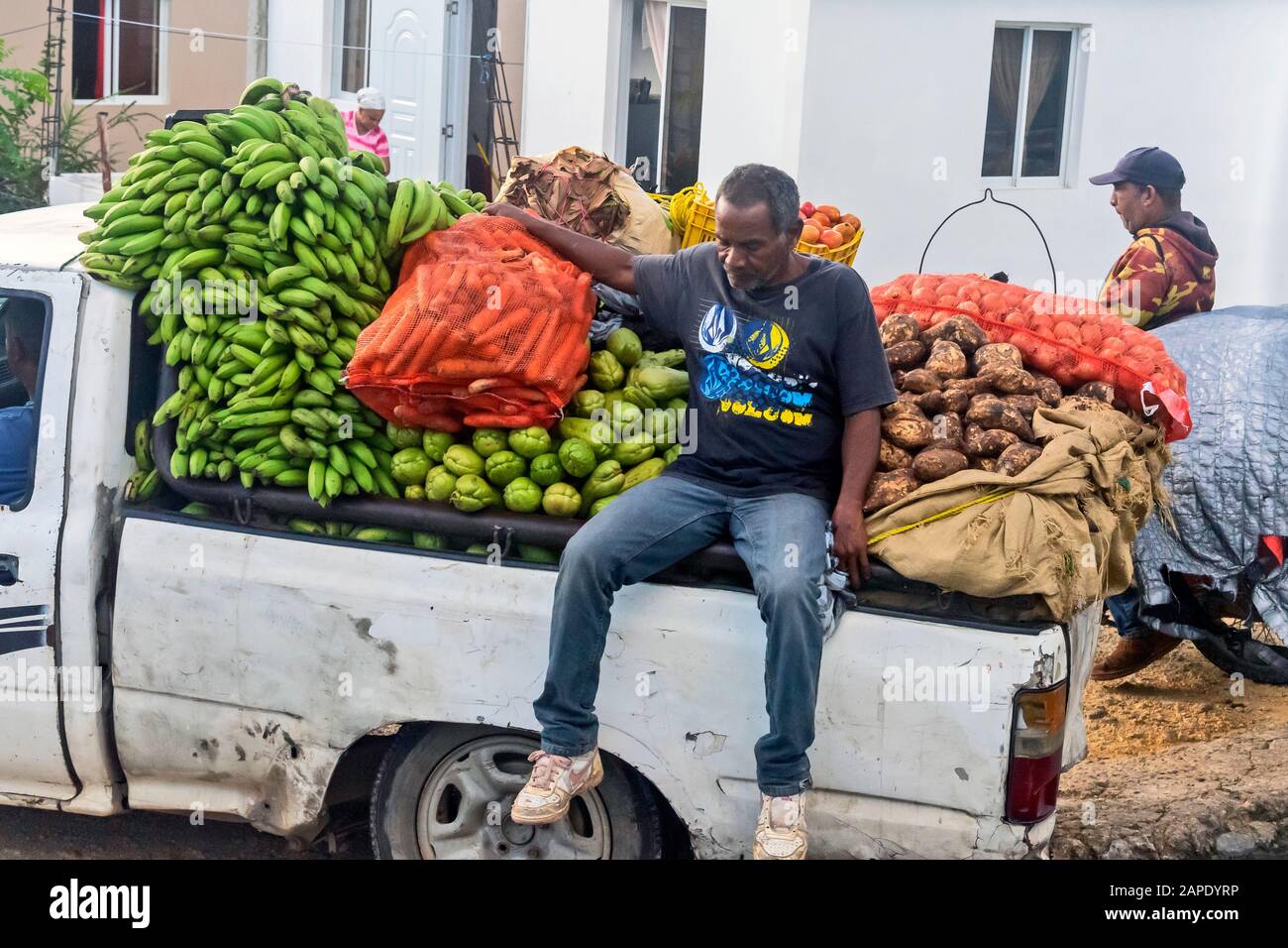 A farm worker sits in the back of a truck with harvested fruits and