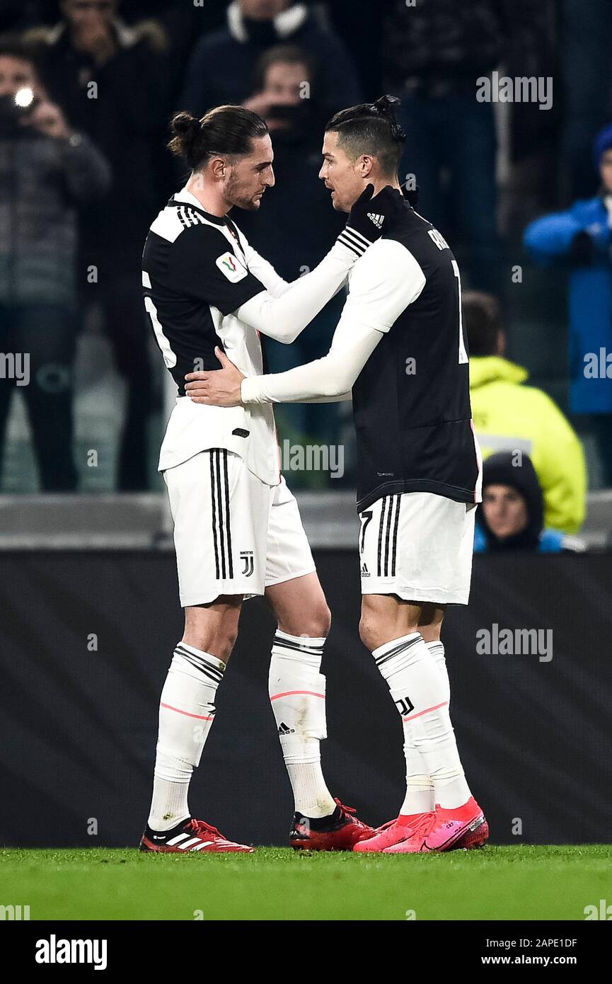 Turin, Italy - 22 January, 2020: Cristiano Ronaldo (R) of Juventus FC  celebrates with Adrien Rabiot of Juventus FC after scoring a goal during  the Coppa Italia football match between Juventus FC