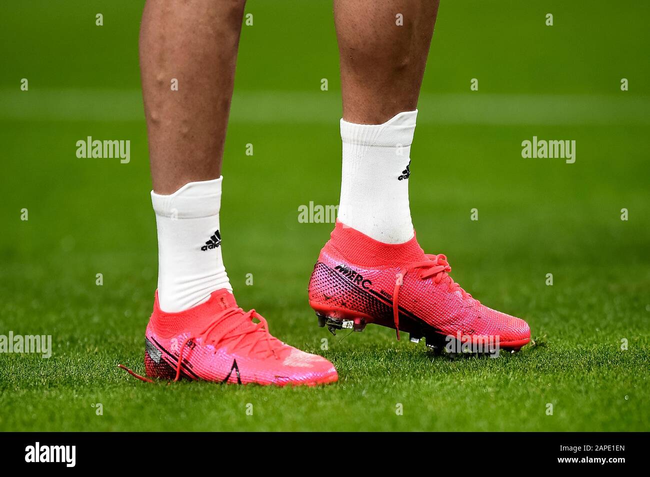 Turin, Italy - 22 January, 2020: Boots of Cristiano Ronaldo of Juventus FC  are seen during warm up prior to the Coppa Italia football match between  Juventus FC and AS Roma. Credit: