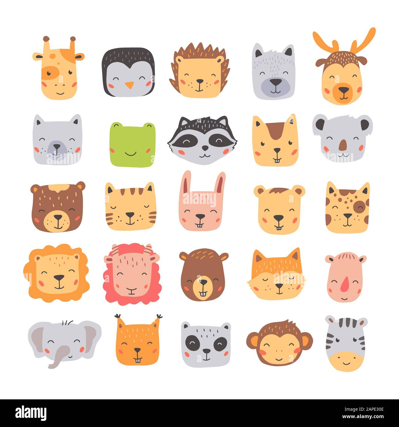 Big set of cute wild animals faces, bear, deer, panda, rabbit, fox.  Isolated vector illustration animals for baby, kids, child project design.  Hand drawn cute style Stock Vector Image & Art -