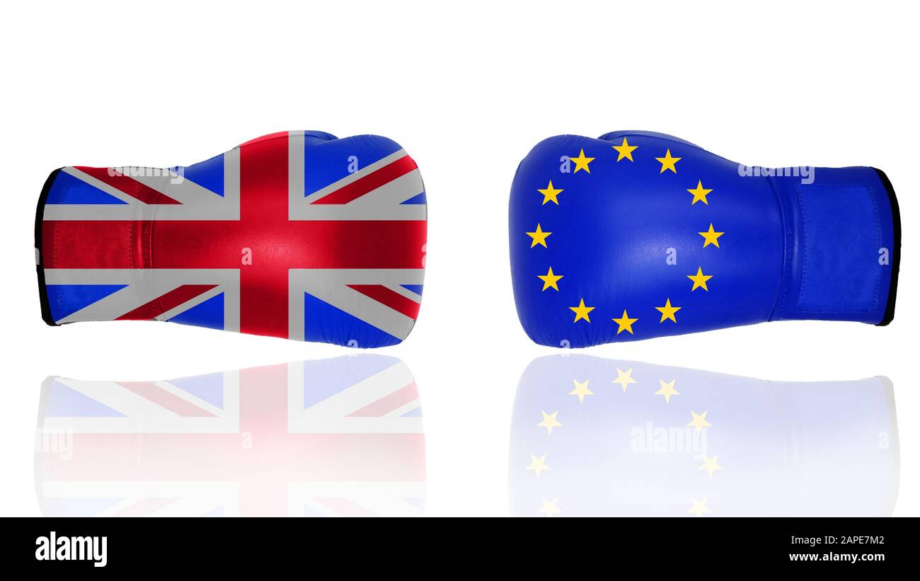 European flag and the British flag on boxing gloves against a white background Stock Photo