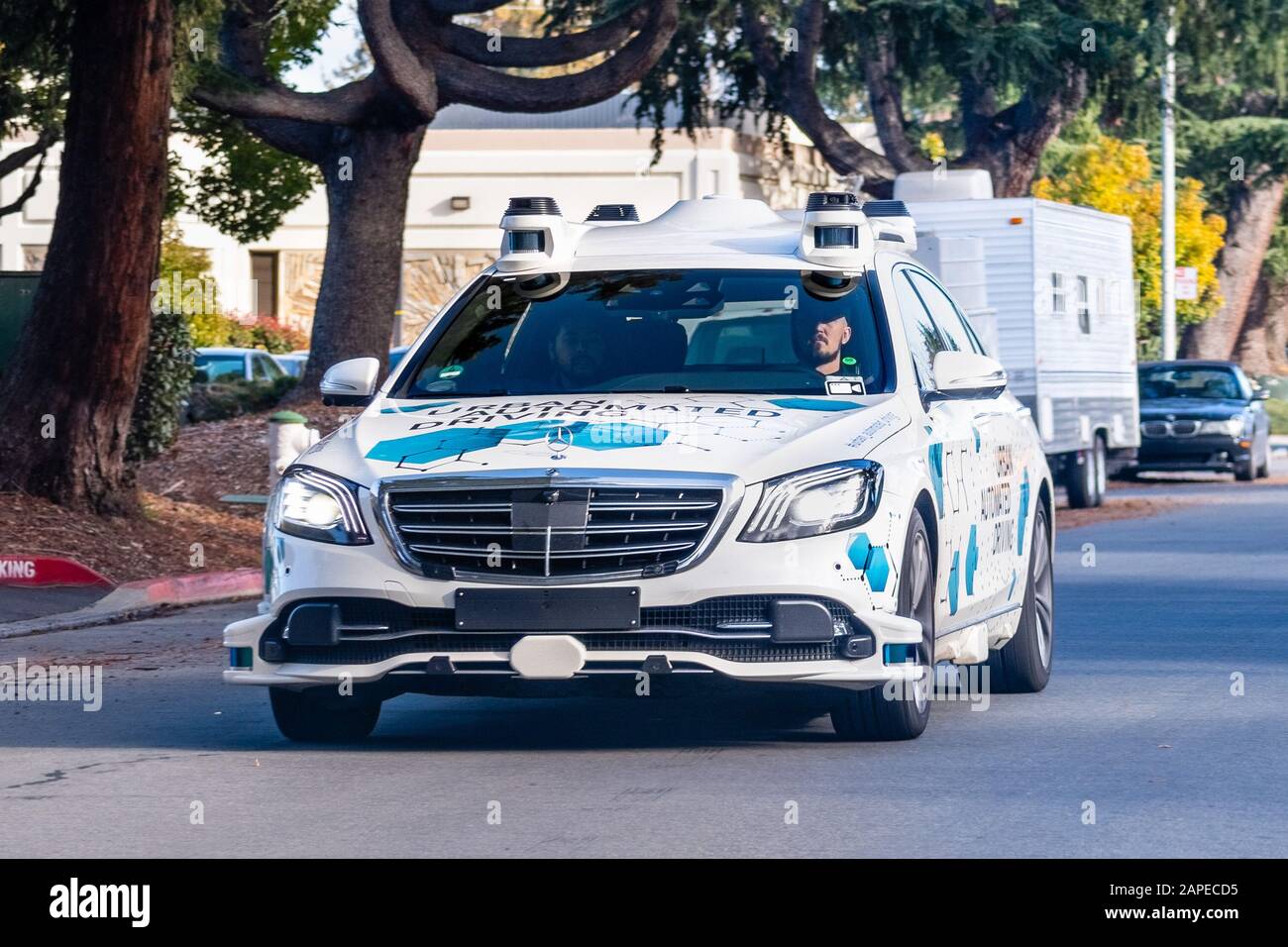 Jan 14 2020 Sunnyvale / CA / USA - Mercedes Benz self driving vehicle  performing tests on the streets of Silicon Valley; Daimler and Bosch partnered Stock Photo