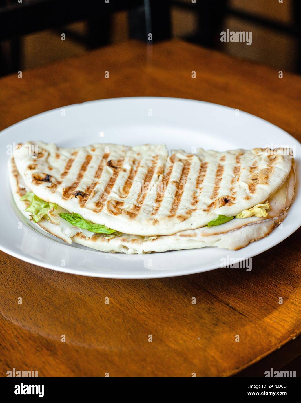 Grilled panini pita bread sandwich with turkey, cheese, lettuce on a white plate front view close up Stock Photo