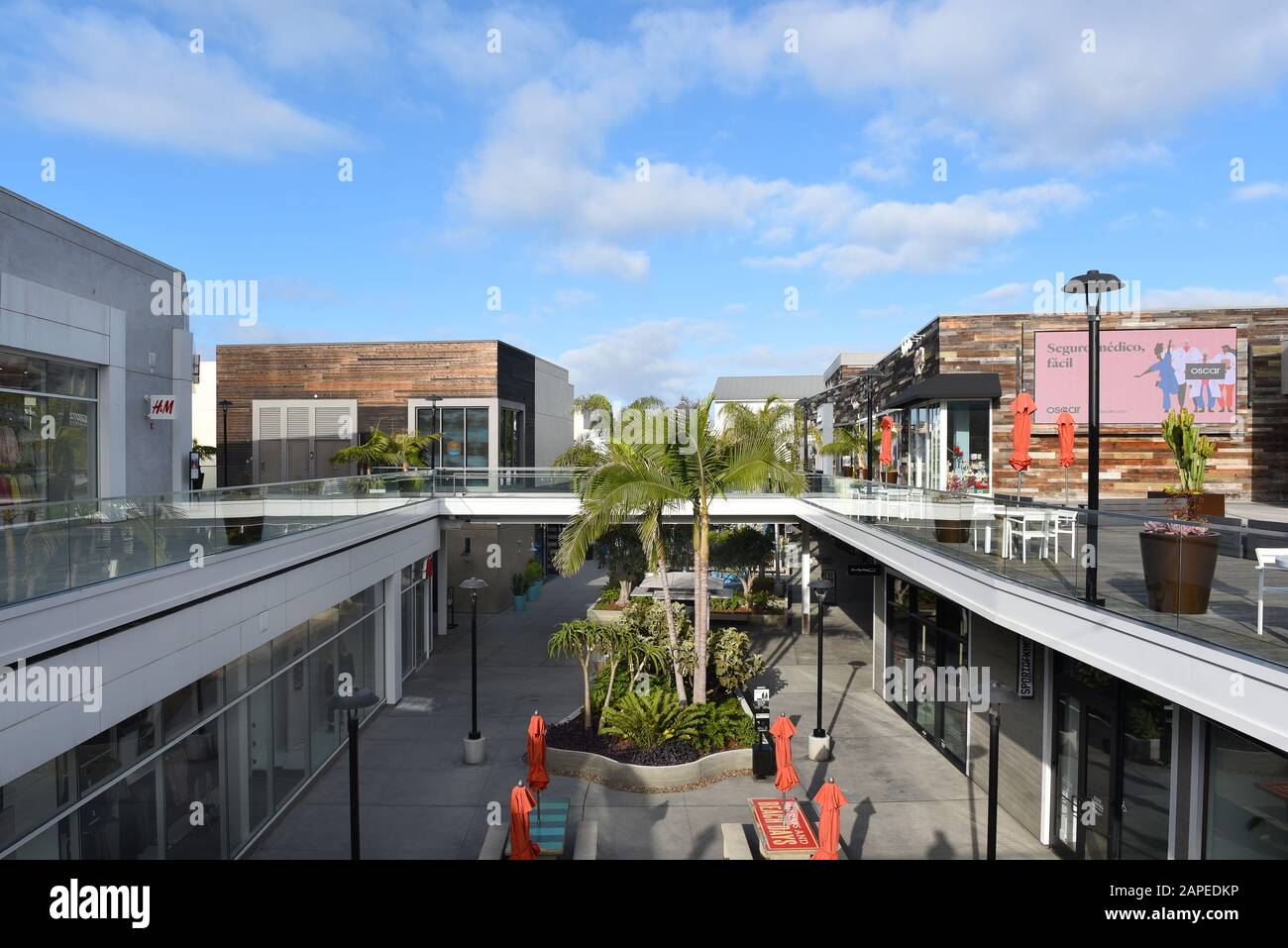 HUNTINGTON BEACH, CALIFORNIA - 22 JAN 2020: Shops and restaurants at Pacific City. The upscale development is on the Pacific Coast Highway. Stock Photo