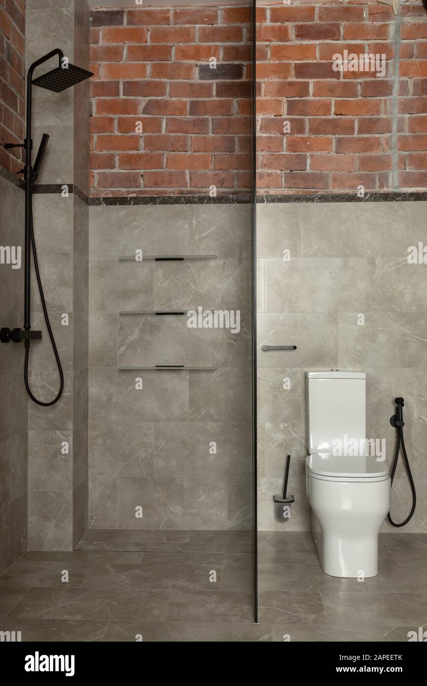 Contemporary bathroom with shower and toilet Stock Photo
