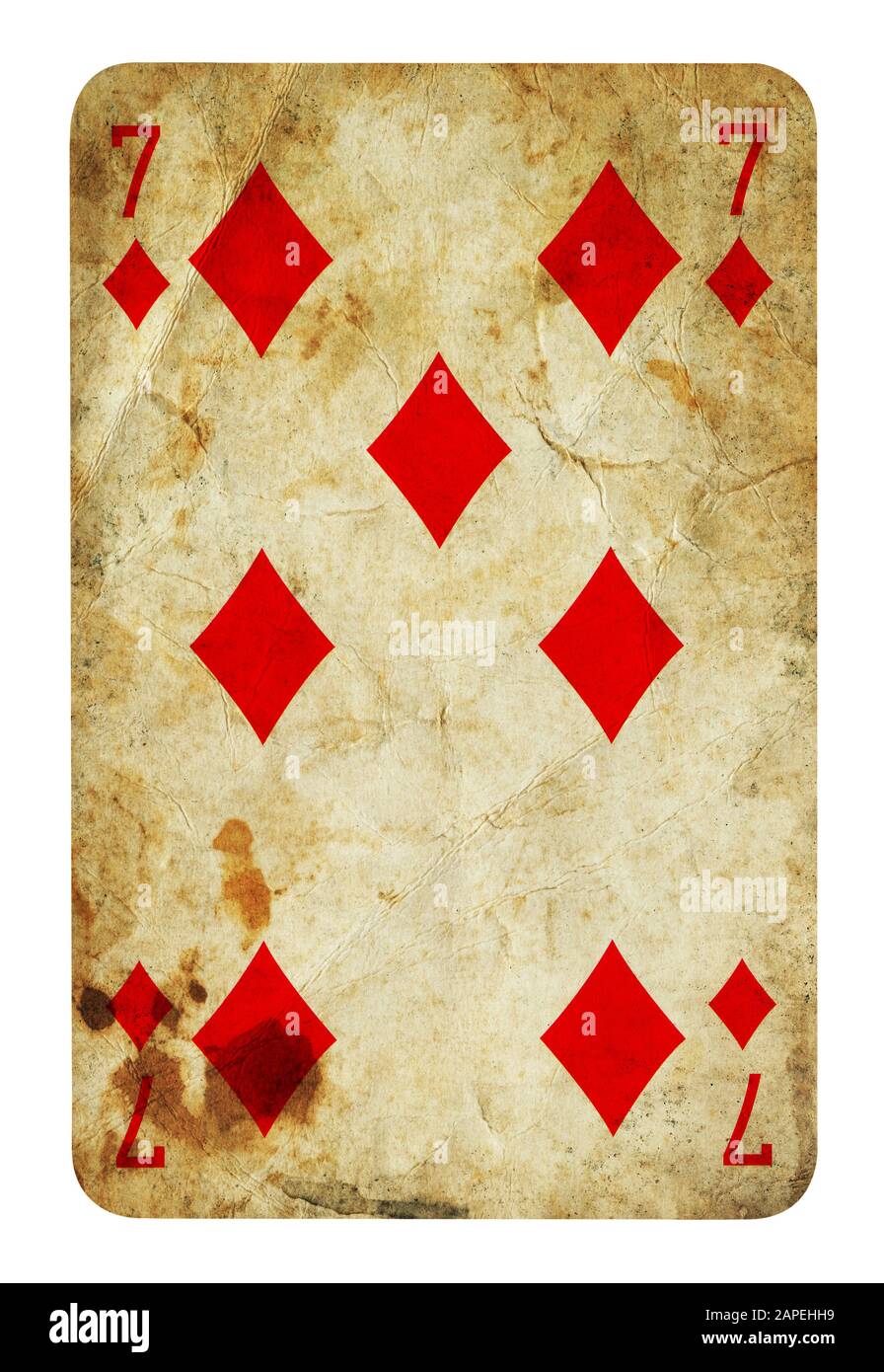 Seven of Diamond Vintage playing card - isolated on white (clipping path included) Stock Photo