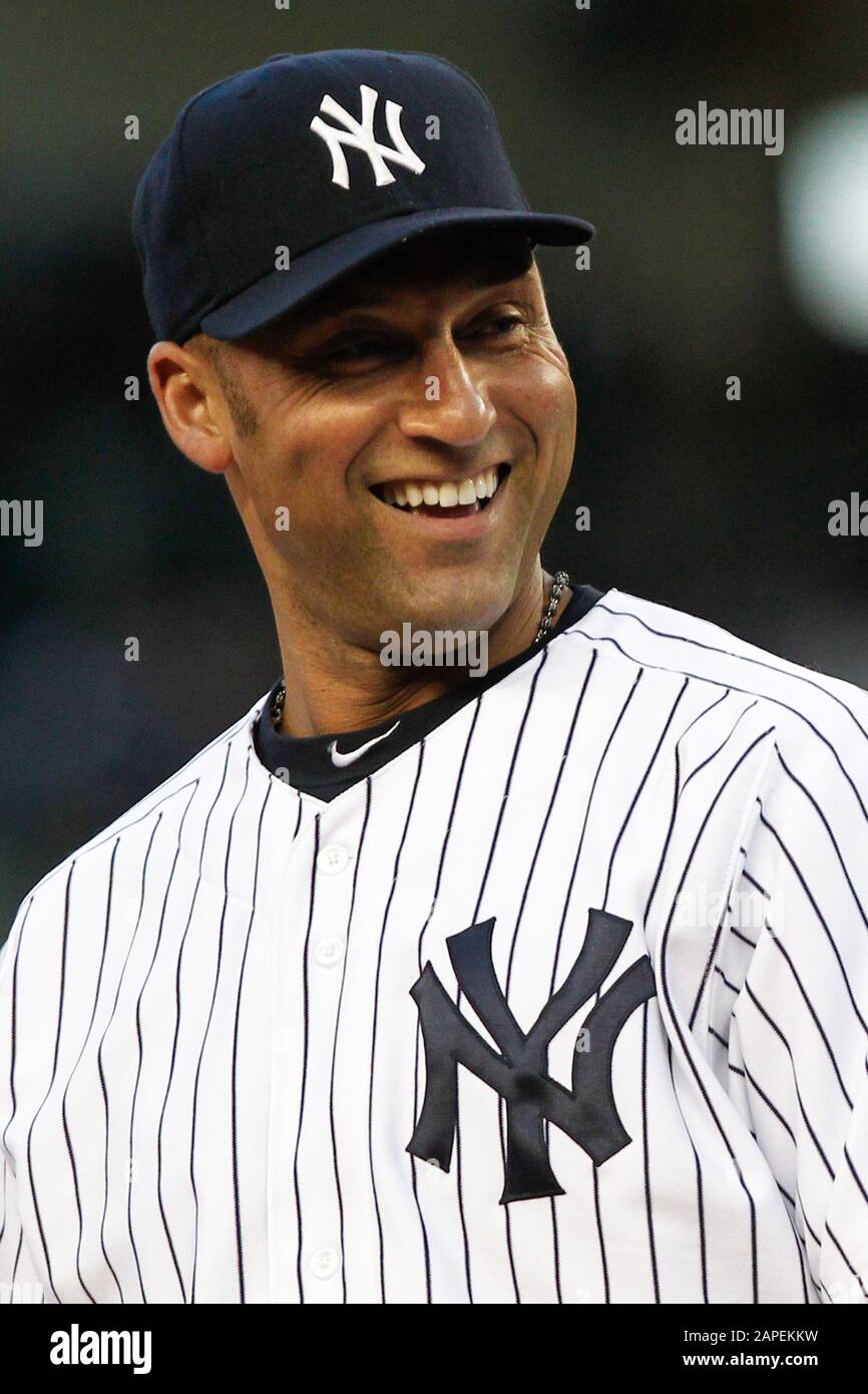 BRONX, NY - MAY 10: New York Yankees shortstop Derek Jeter (2) smiles during the game against the Tampa Bay Rays on May 10, 2012 at Yankee Stadium. Stock Photo