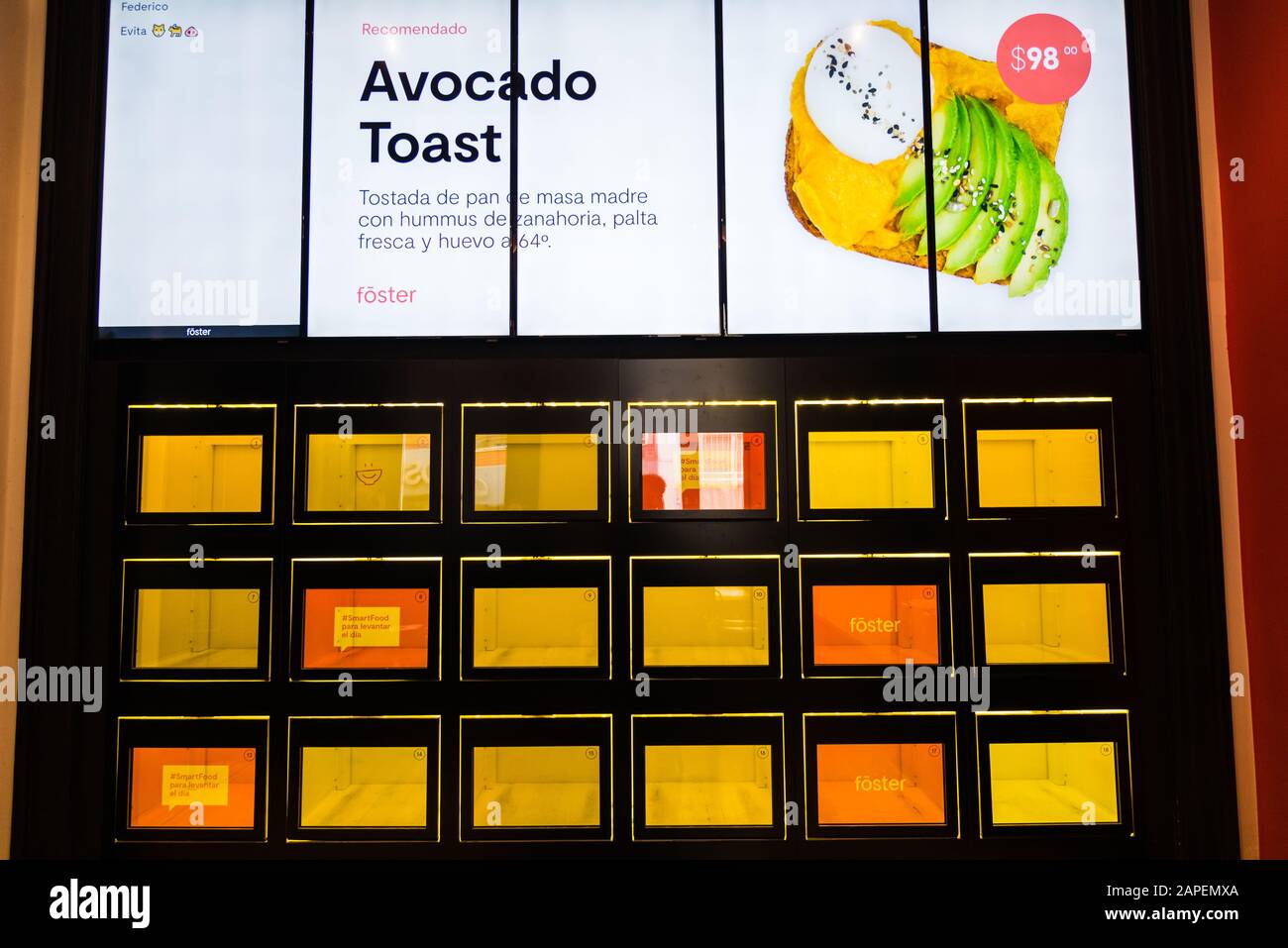 Buenos Aires, Argentina - March 21, 2019: Food compartments in automated cafe Stock Photo