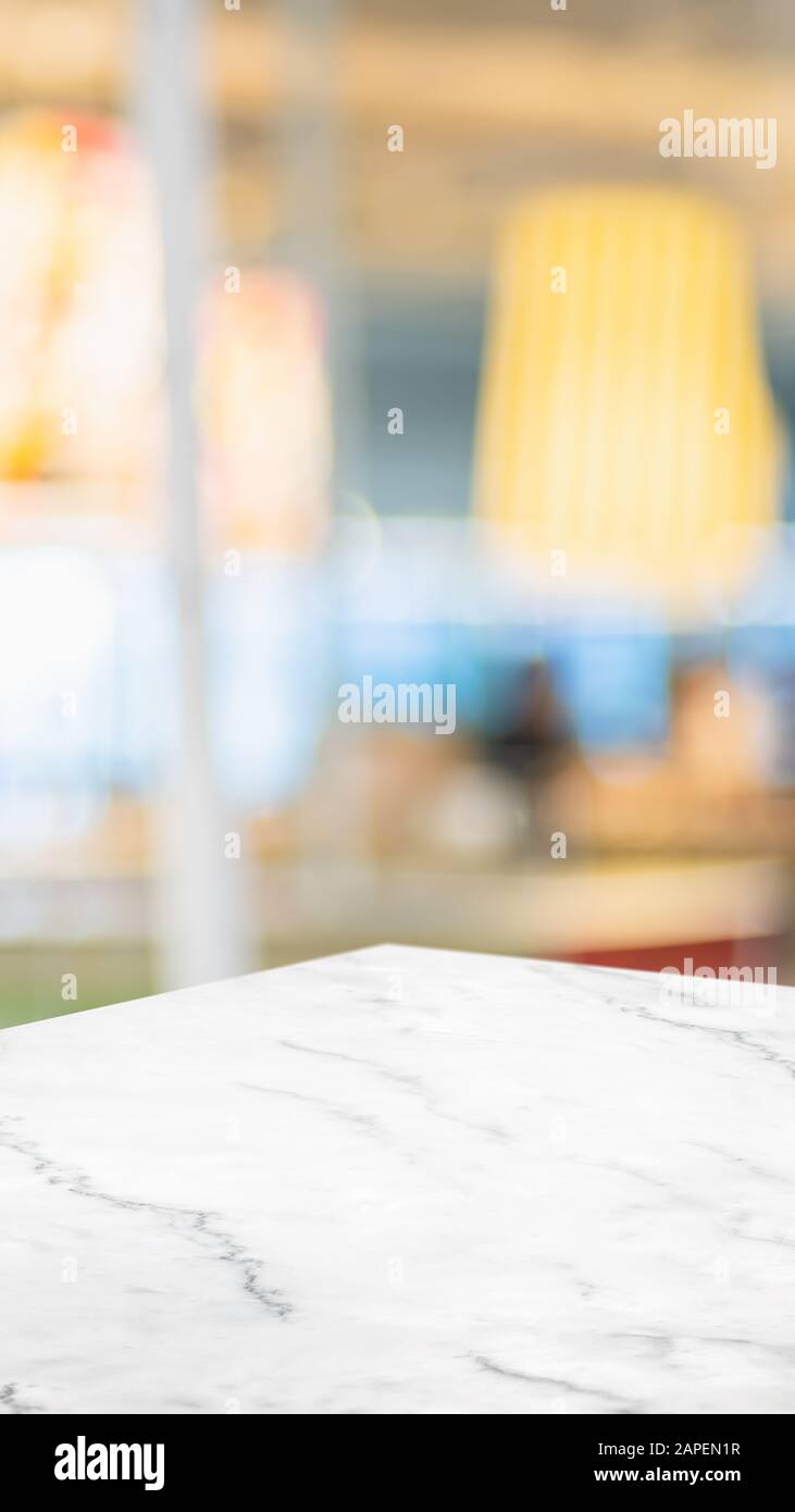 marble table product display background with blur people in cafe restaurant.customer dinning at perspective wooden kitchen counter.Banner mockup prese Stock Photo