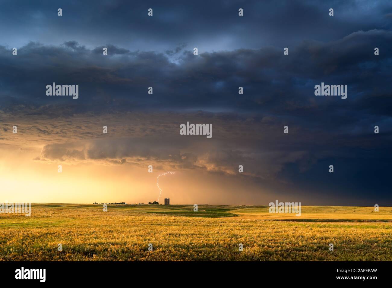 Scenic landscape with warm sunlight on a farm field beneath dark storm clouds and thunderstorm lightning in Texline, Texas Stock Photo