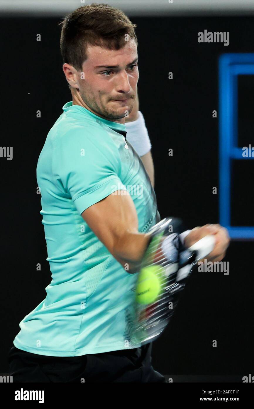 Melbourne, Australia. 23rd Jan, 2020. Pedro Martinez of Spain hits a return  during the men's singles second round match against Daniil Medvedev of  Russia at the Australian Open tennis championship in Melbourne,