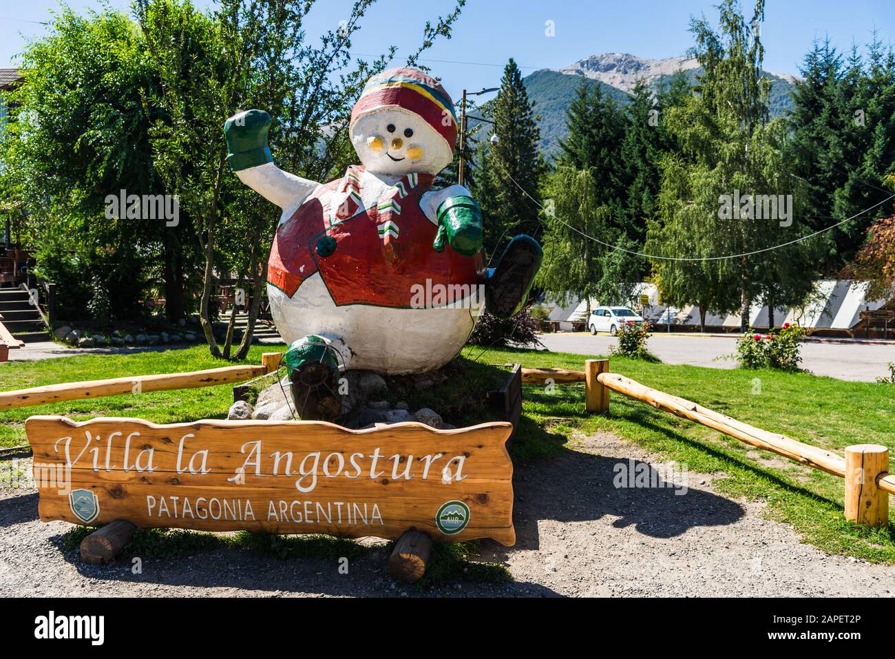 Villa la Angostura, Argentina - March 11, 2019: Snowman with the city name sign Stock Photo
