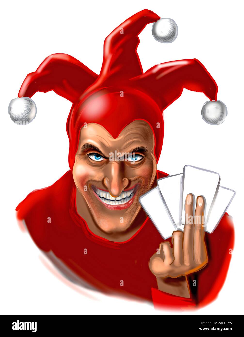 Evil jester with cards. Digital illustration Stock Photo