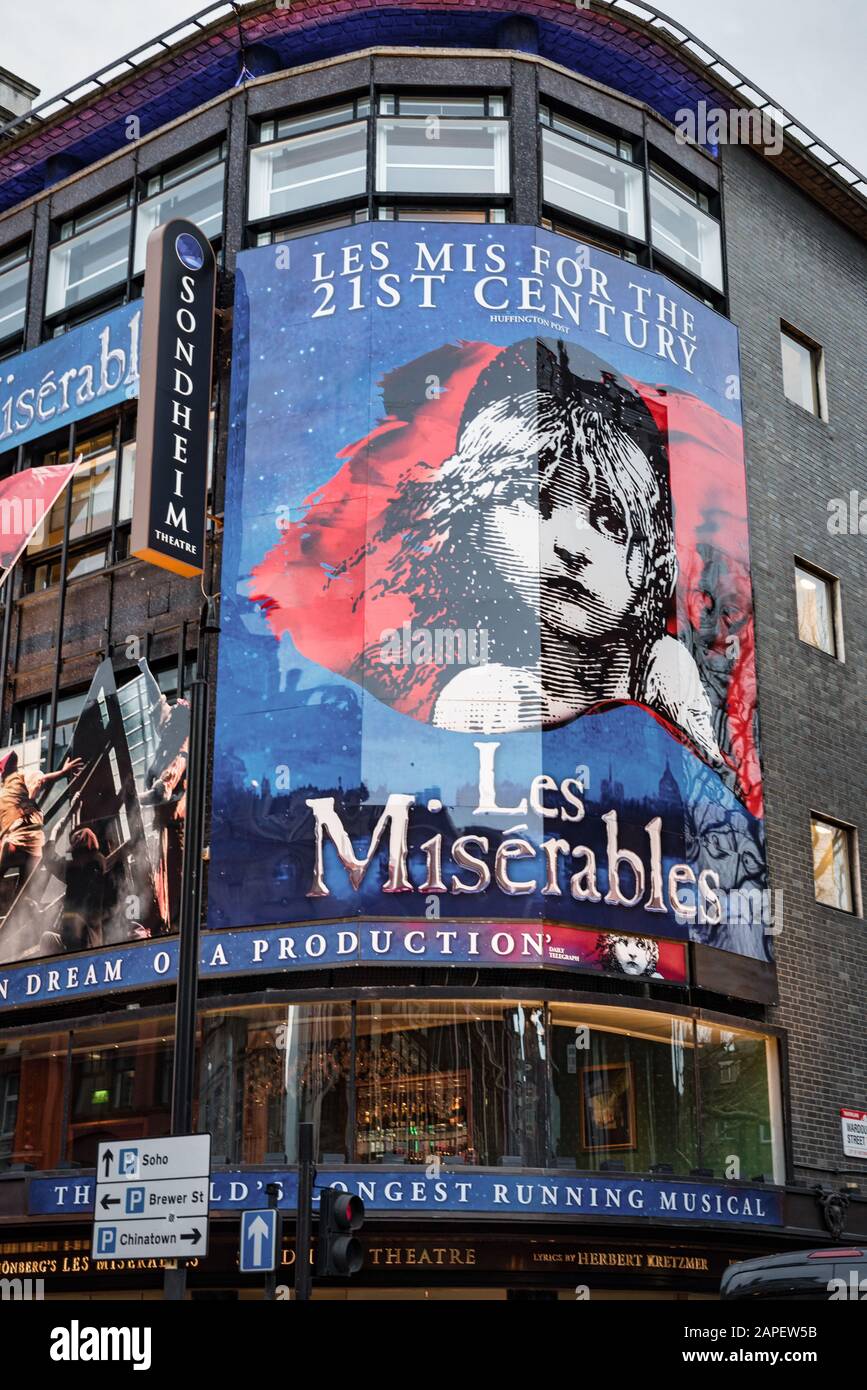 London, UK - Jan 16, 2020:  The front of the Sondheim Theatre hosting the musical Les Miserables Stock Photo