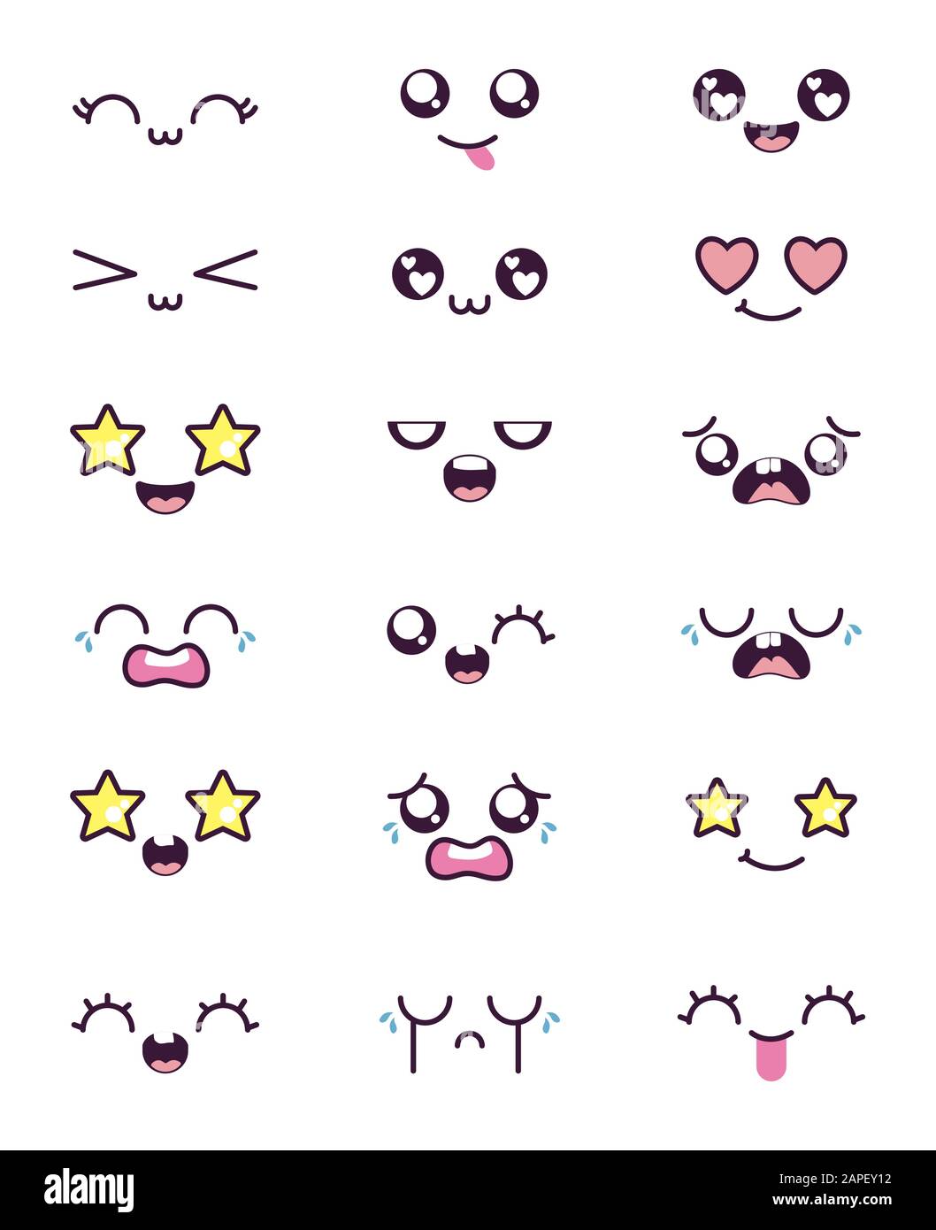 cartoon face icon set design, Kawaii expression cute character funny ...