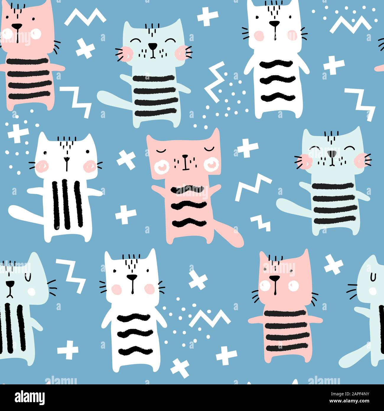 Seamless childish pattern with cute cats. Hand Drawn Vector ...