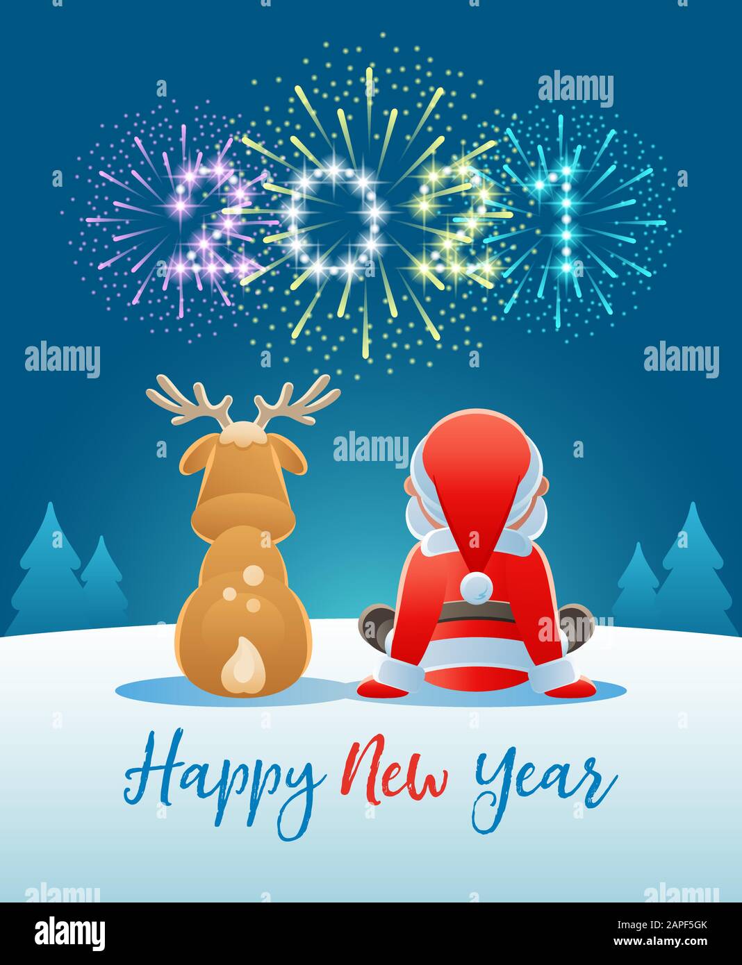2021 Happy New Year. Cute Santa Claus and Reindeer watching the Fireworks. Vector illustration Stock Vector Image & Art - Alamy