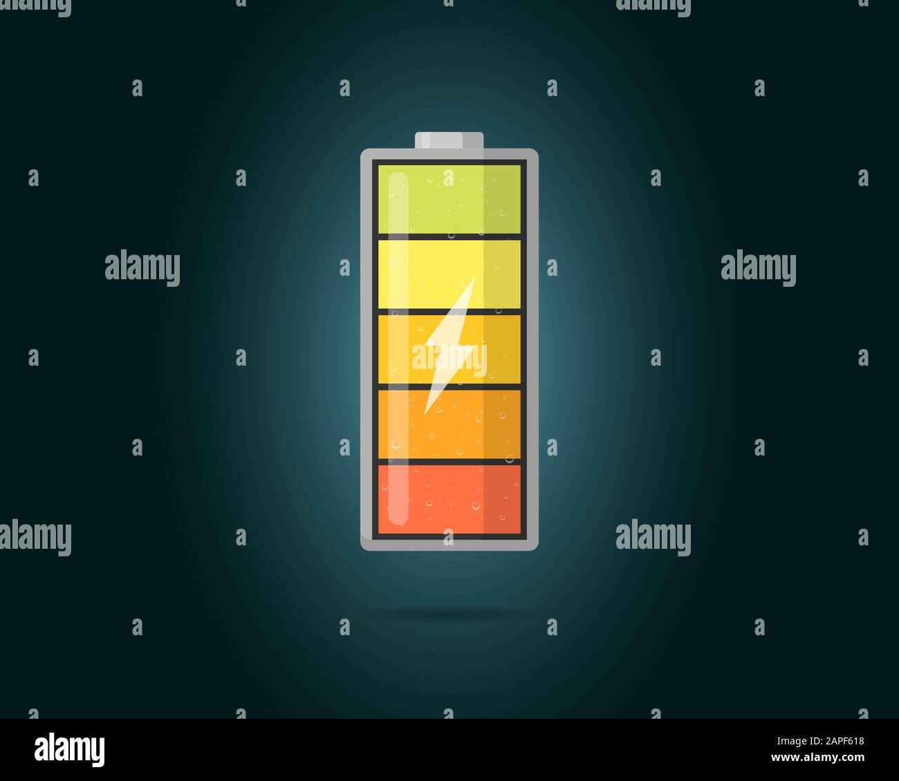 High electric power battery charged energy indicator with lightning icon. Full battery indicating cylinder symbol. Vector accumulator energy level load illustration Stock Vector