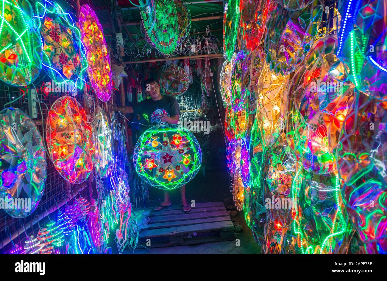Colorful lanterns in a Christmas market in Las Pinas city , Manila the