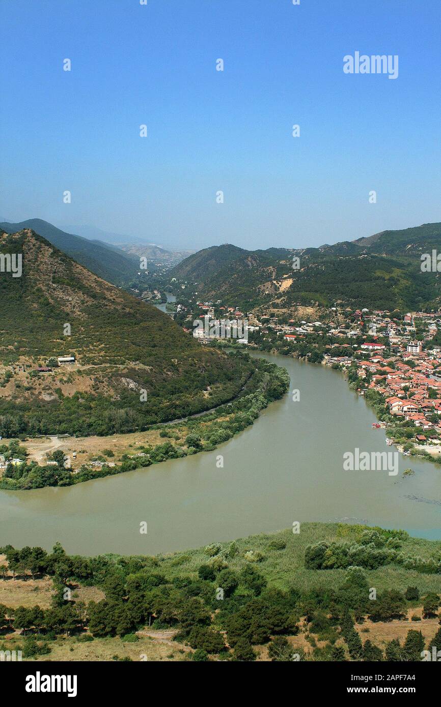 View of the town of Mtskheta from the Jvari Monastery, Georgia Stock Photo