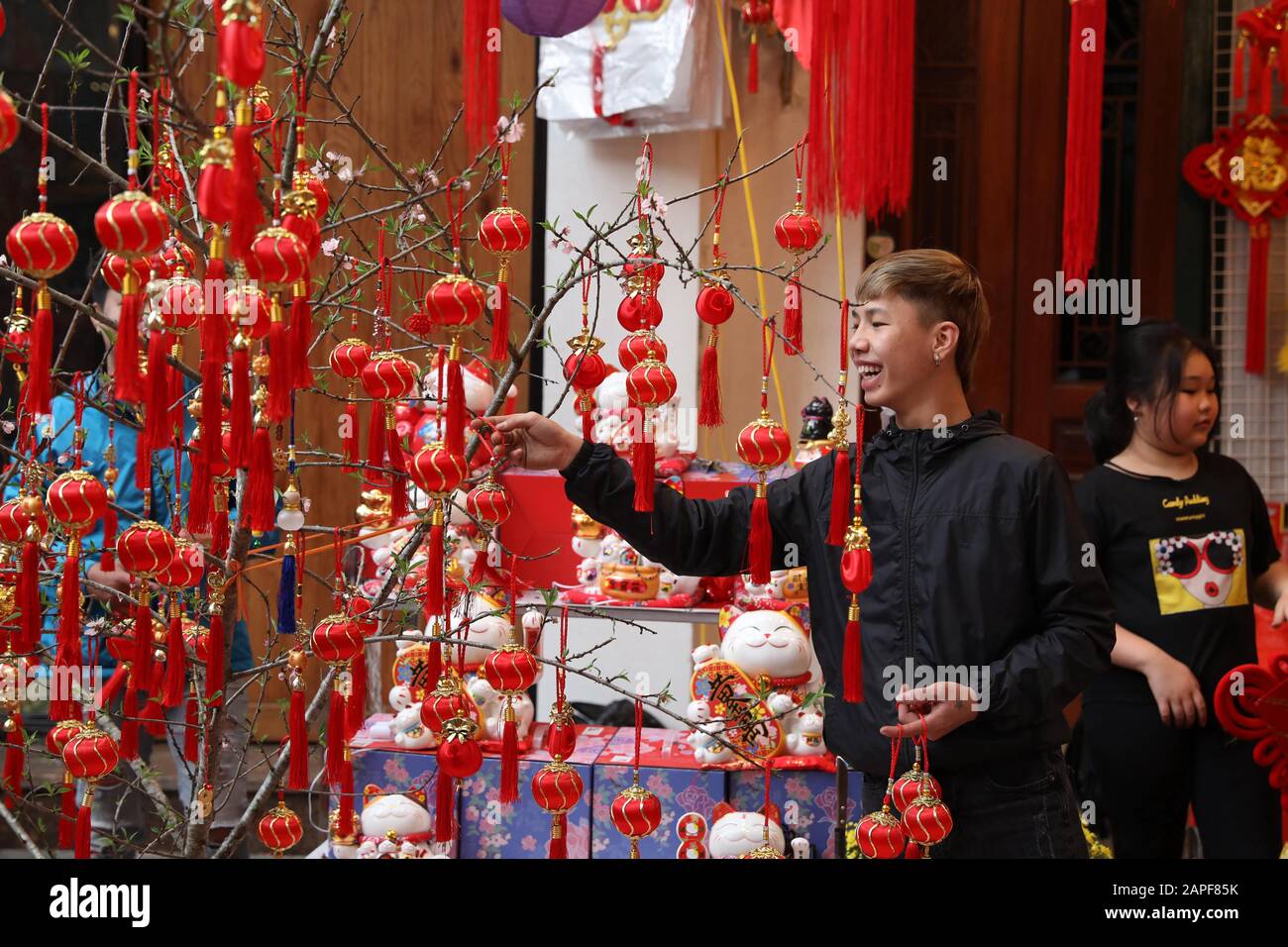 Hanoi Vietnam 21st Jan A Man Hangs Red Lantern Decorations Onto Branches In Hanoi Capital Of Vietnam Jan 21 The Upcoming Lunar New Year Festival Also Called Tet In Vietnamese