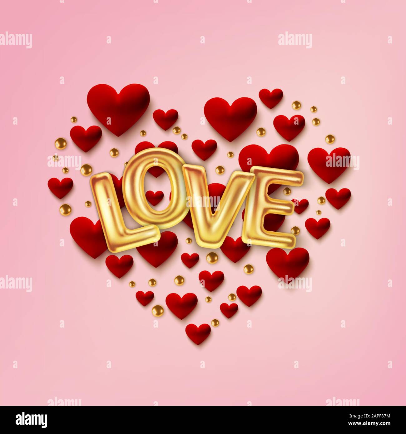 Happy Valentines Day greeting card. Realistic red 3d hearts on pink ...