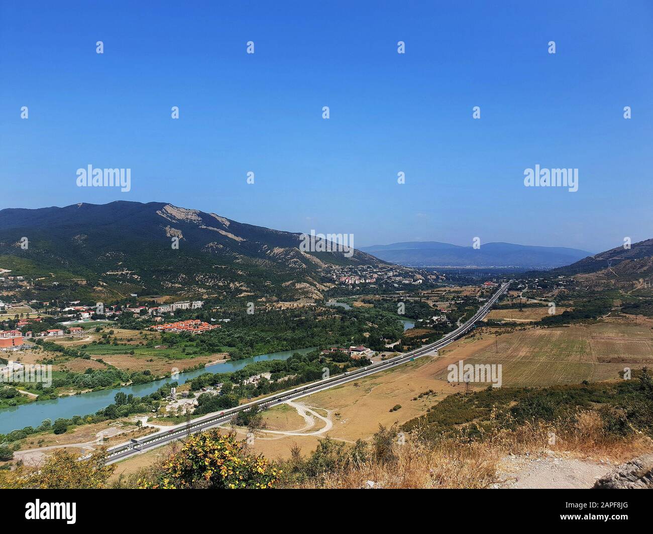 View of the town of Mtskheta from the Jvari Monastery, Georgia Stock Photo