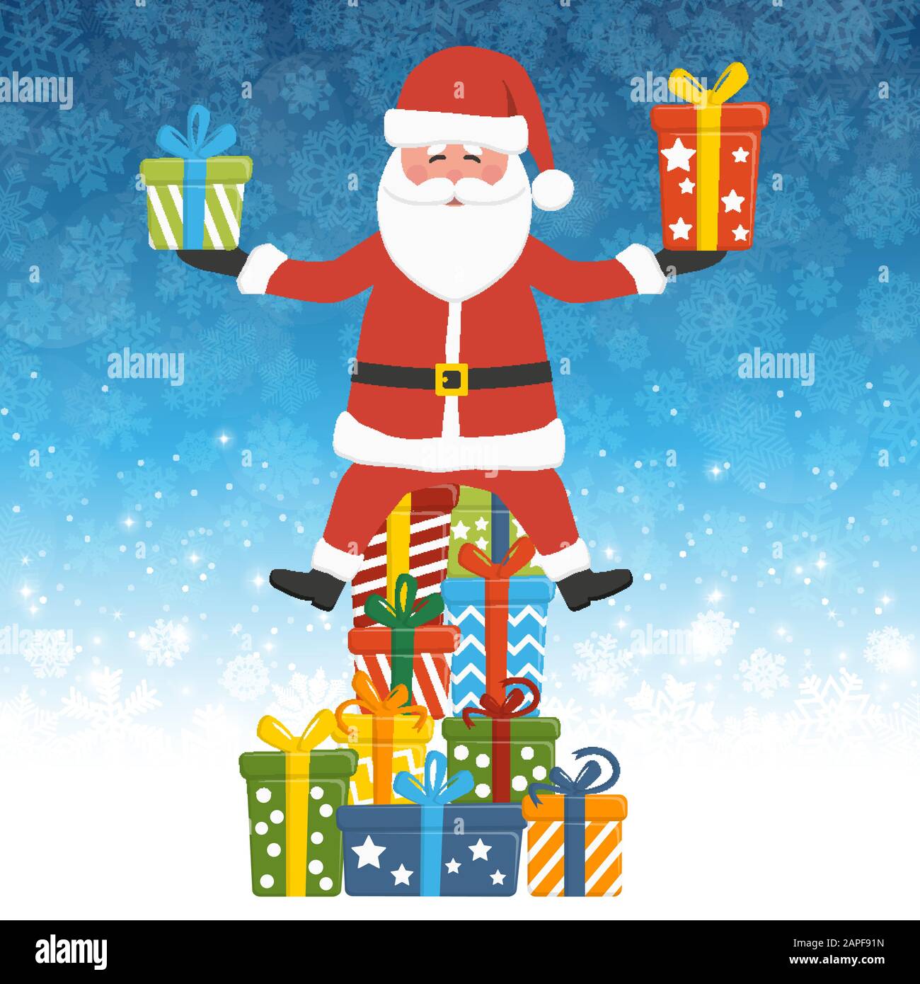 christmas concept with Santa Claus sitting on and holding some colored gifts, with blue snow fall background for christmas time greetings Stock Vector