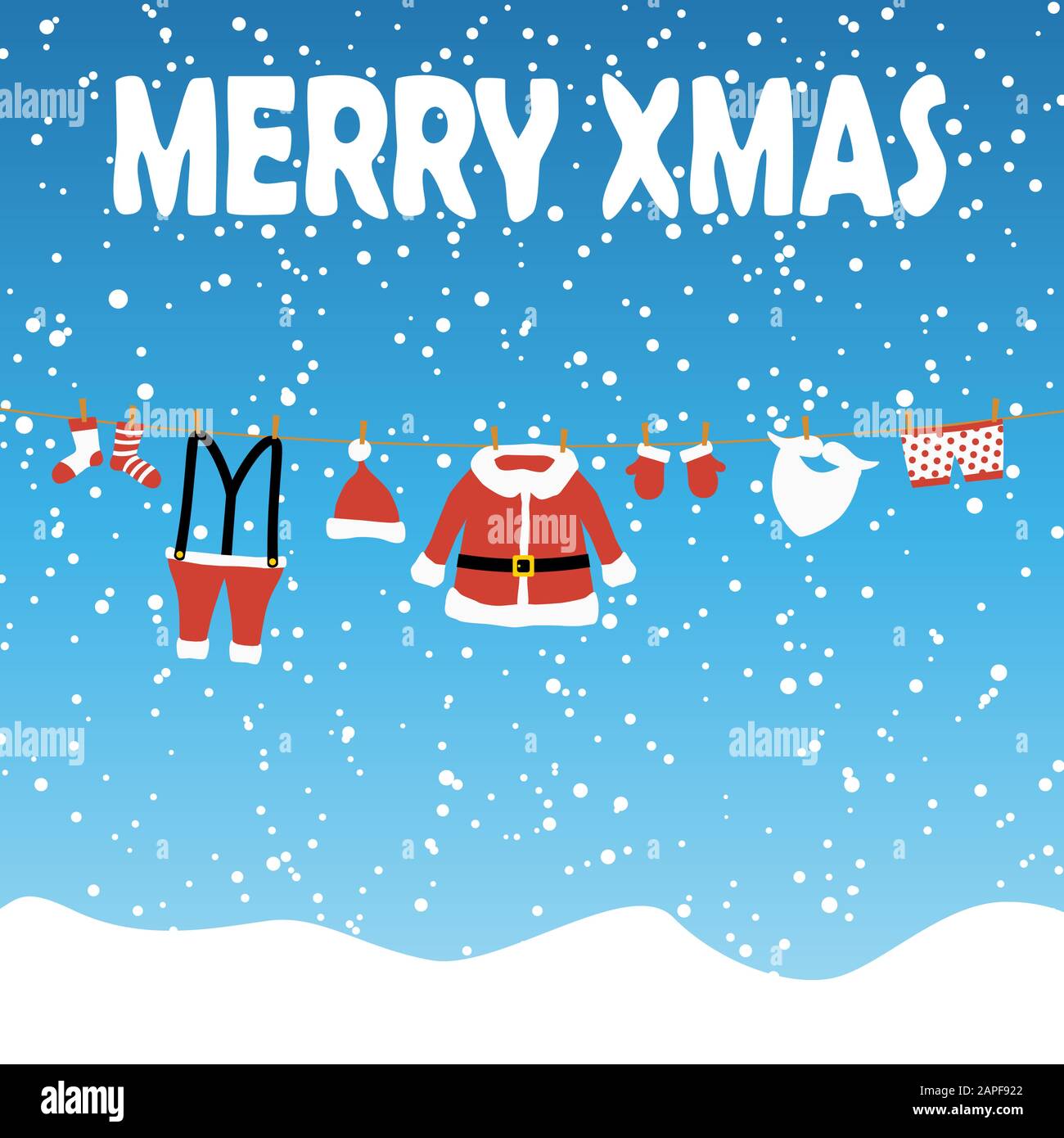 clothes from Santa Claus hanging on a clothes line, blue colored snow fall background and text Merry Xmas Stock Vector