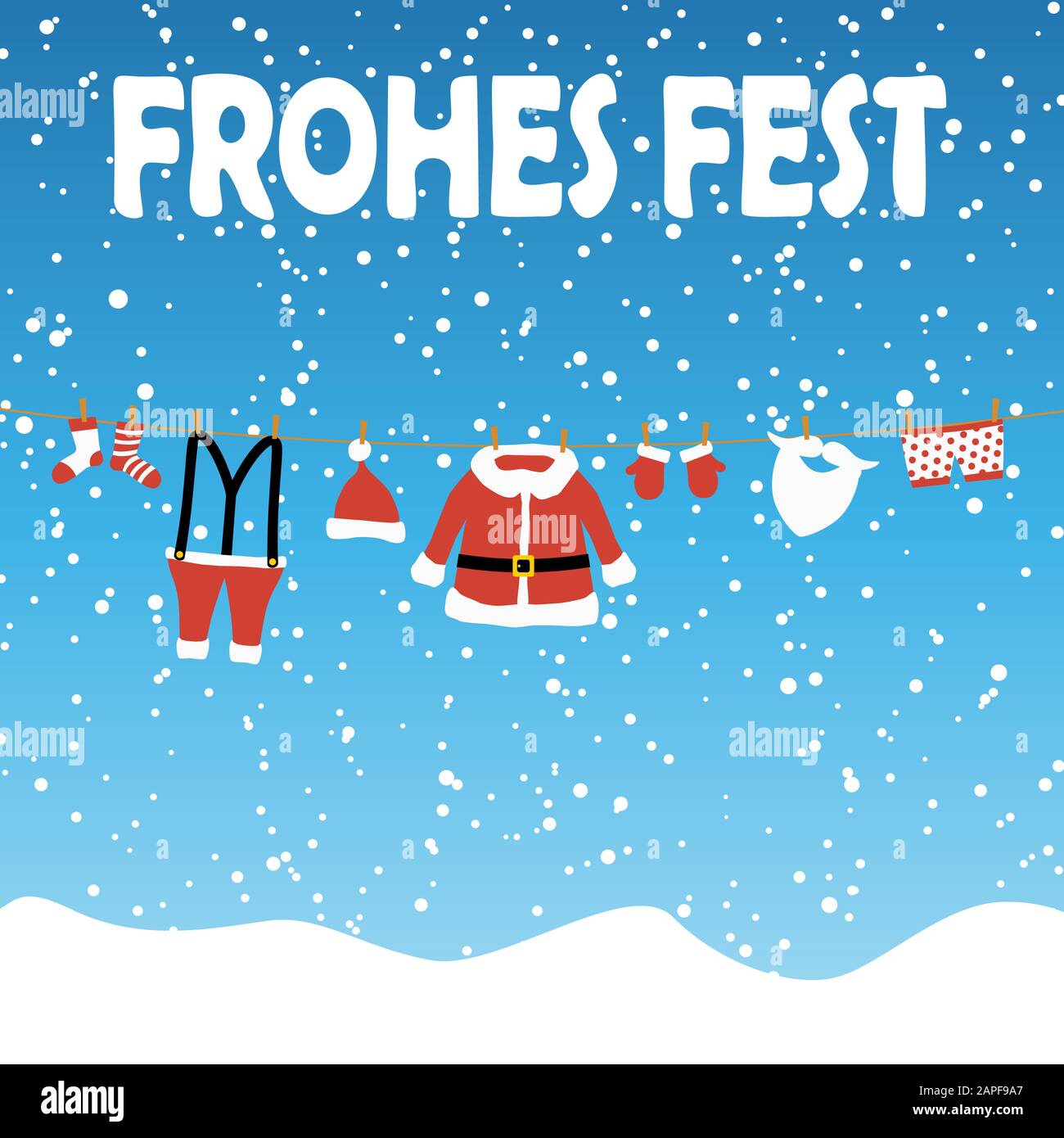 clothes from Santa Claus hanging on a clothes line, blue colored snow fall background and text Merry Xmas (in german) Stock Vector