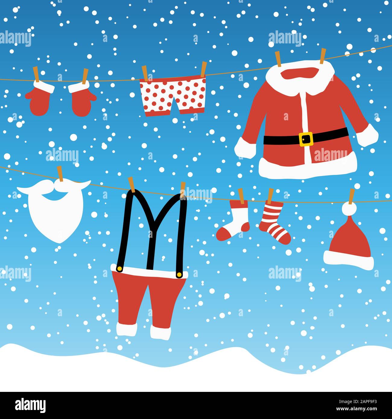 clothes from Santa Claus hanging on a clothes line and blue colored snow fall background Stock Vector