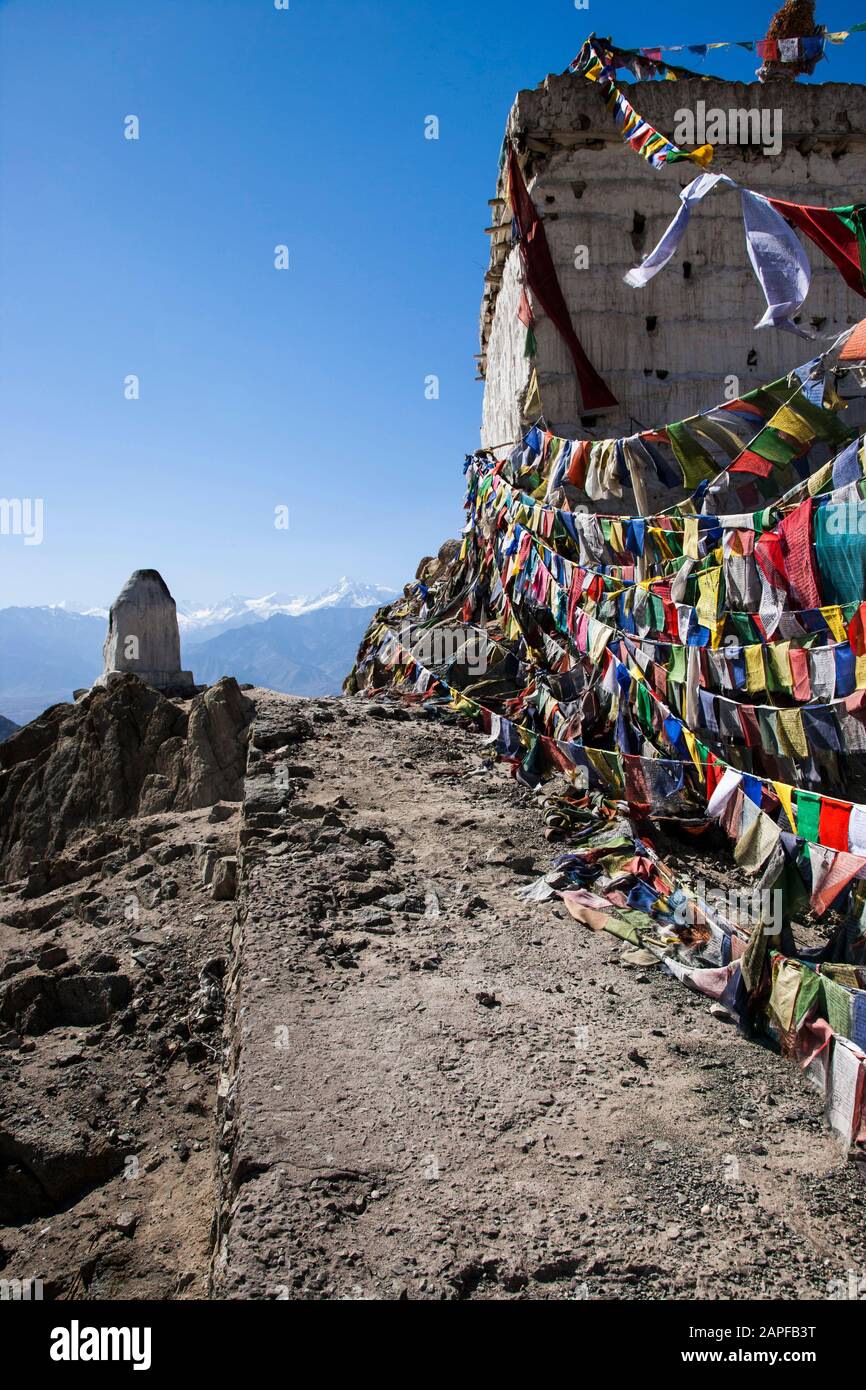 Small tibetan temple and prayer flags, Leh, Ladakh, india, South Asia, Asia Stock Photo