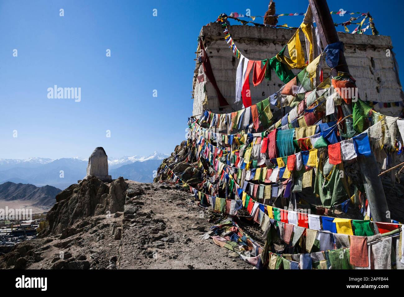 Small tibetan temple and prayer flags, Leh, Ladakh, india, South Asia, Asia Stock Photo