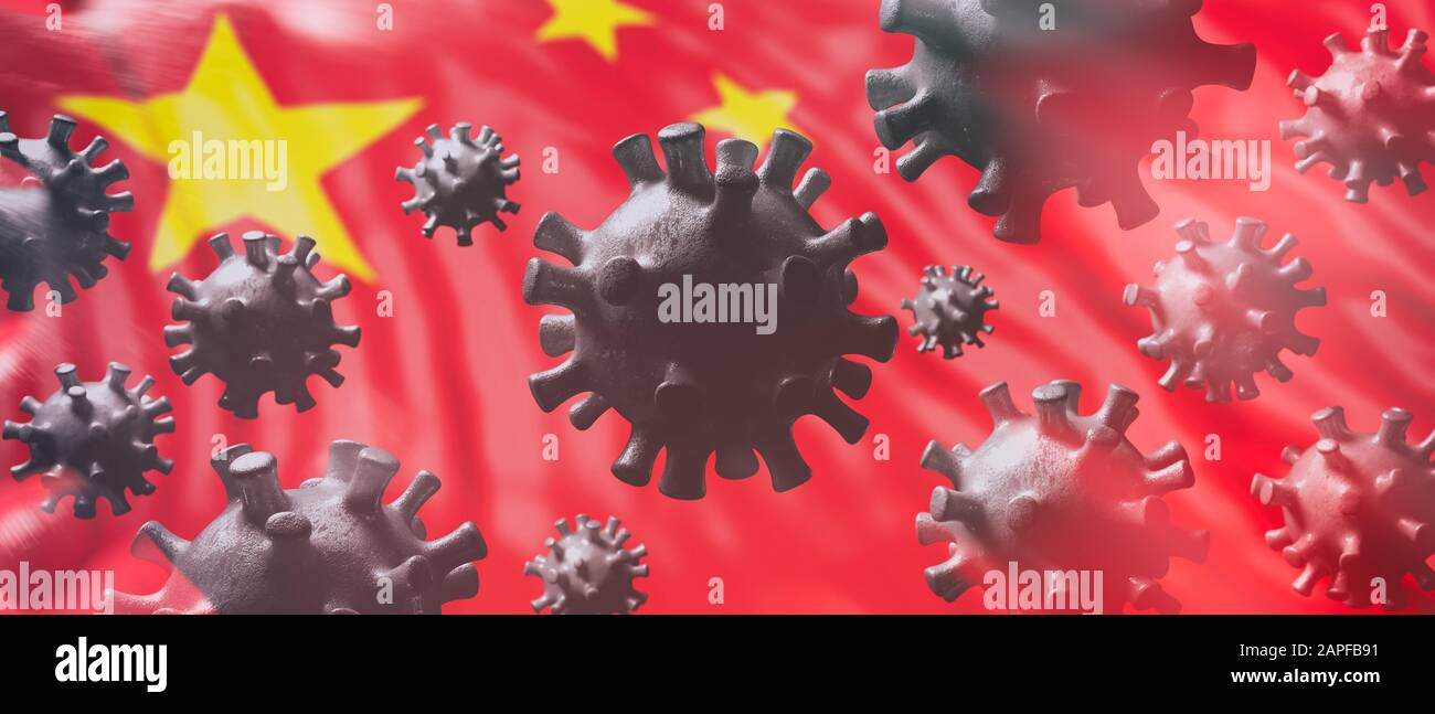 China coronavirus cells, epidemic pandemic flu virus infection, asian flu concept, chinese flag background. 3d illustration Stock Photo