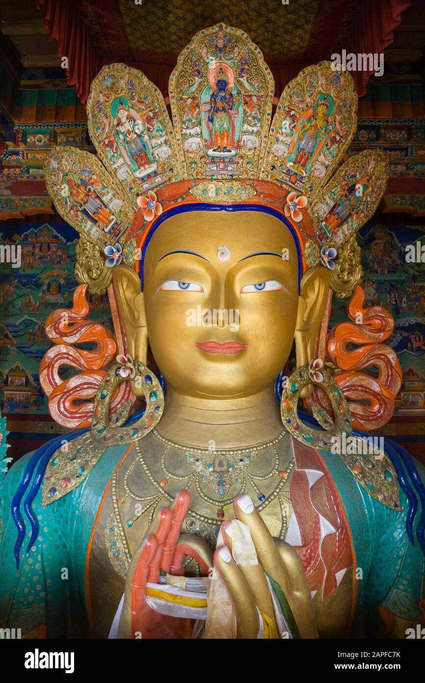 Huge statue of Maitreya Buddha, Thiksey Gompa or Thiksey Monastery, also Thikse,Tibetan Buddhism, suburb of Leh, Ladakh, india, South Asia, Asia Stock Photo