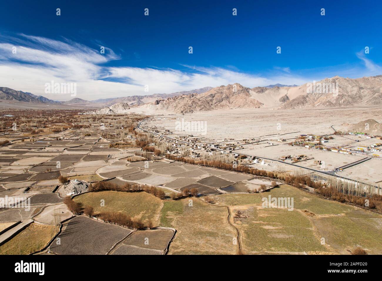 Landscape of  highland  agricaultural fields, view from Thiksey gompa, suburb of Leh, Ladakh, india, South Asia, Asia Stock Photo