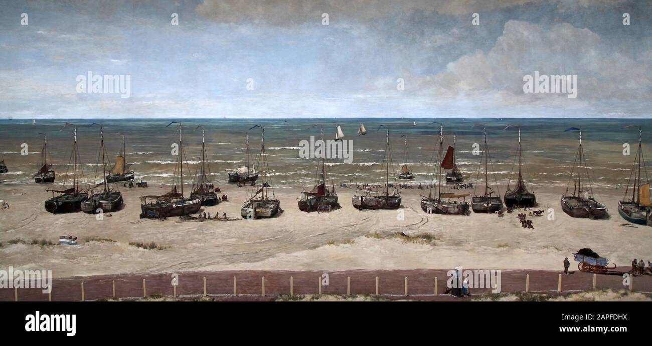 Panorama Mesdag a 360 degree vista of the sea the dunes and the fishing village of Scheveningen as it was in 1881.Painted by Hendrik Willem Mesdag, Stock Photo