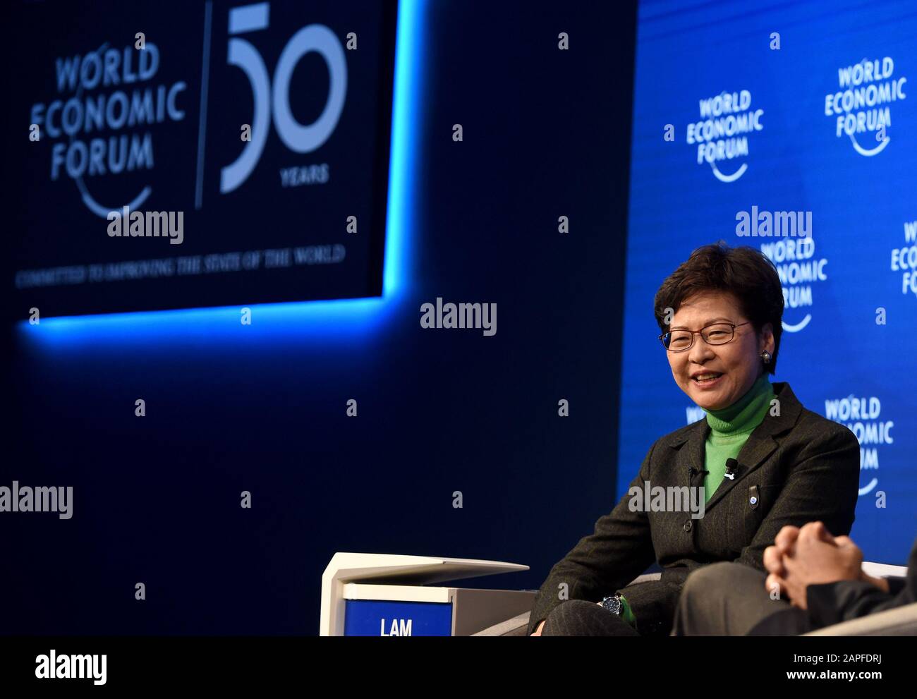 Davos, Switzerland. 22nd Jan, 2020. Chief Executive of the Hong Kong Special Administrative Region (HKSAR) Carrie Lam attends the annual meeting of the World Economic Forum in Davos, Switzerland, Jan. 22, 2020. Carrie Lam on Wednesday highlighted the importance of understanding accurately and implementing fully the 'one country, two systems' principle, as well as upholding the rule of law, to the future of Hong Kong. Credit: Guo Chen/Xinhua/Alamy Live News Stock Photo