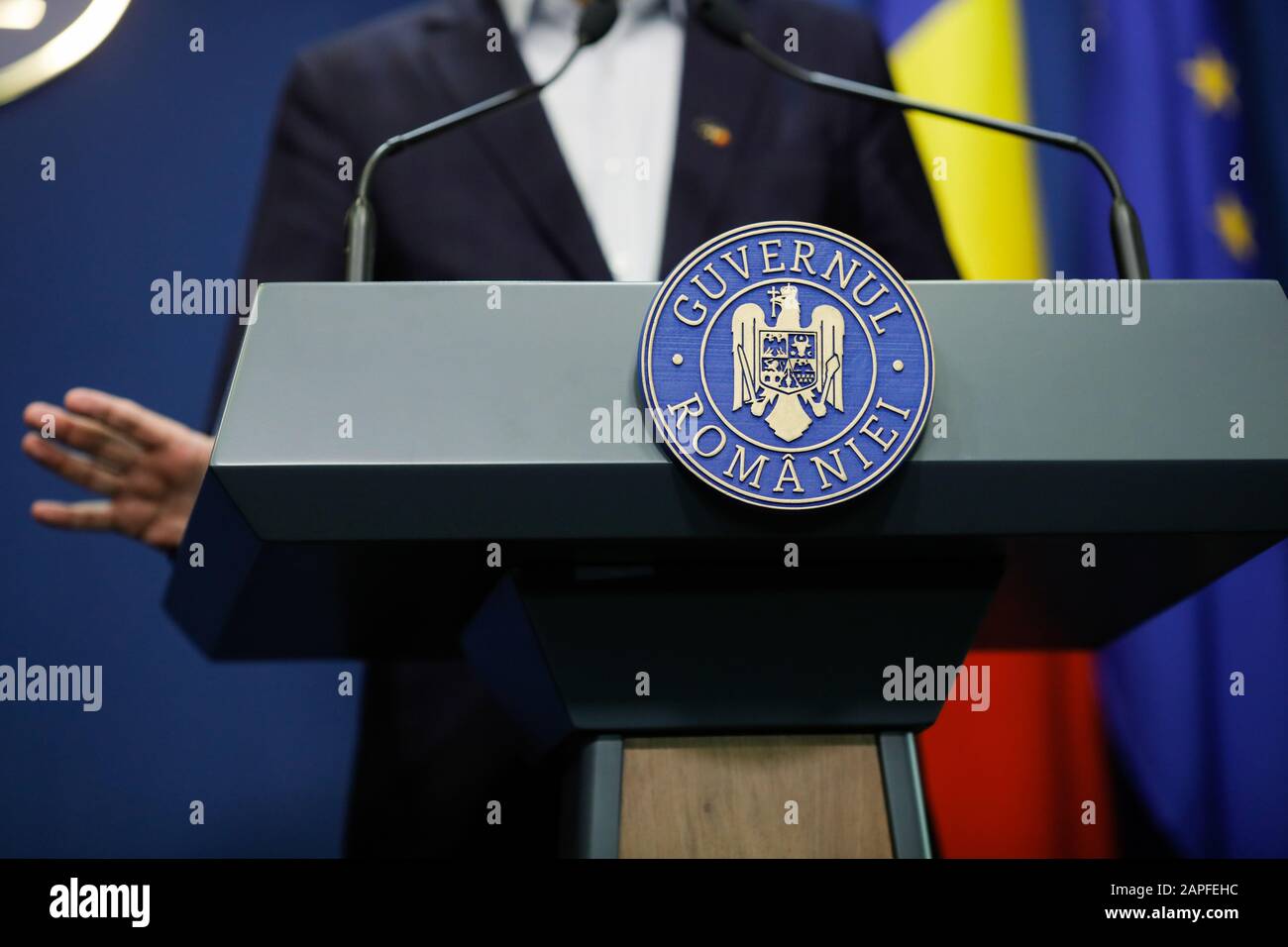 Bucharest, Romania - January 8, 2020: Details with the Romanian Government logo during a press conference held by a minister. Stock Photo