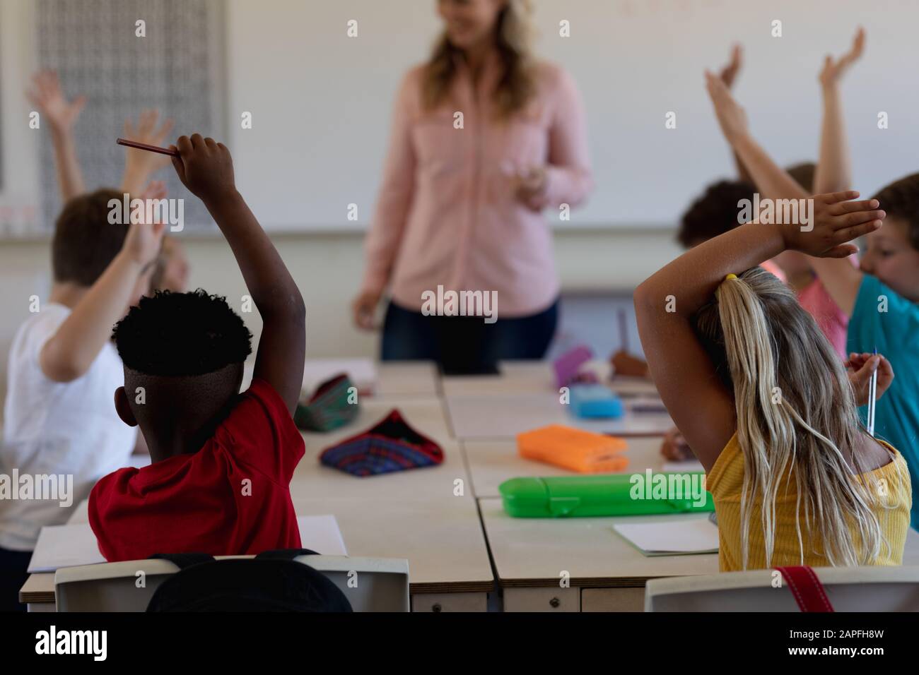 Schoolboy raising their hands in an elementary school classroom Stock Photo