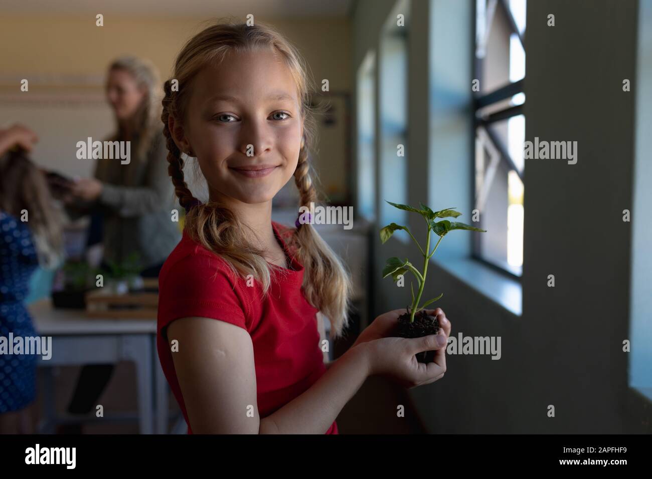 Schoolgirl standing holding a seedling plant in earth in an elementary school classroom Stock Photo