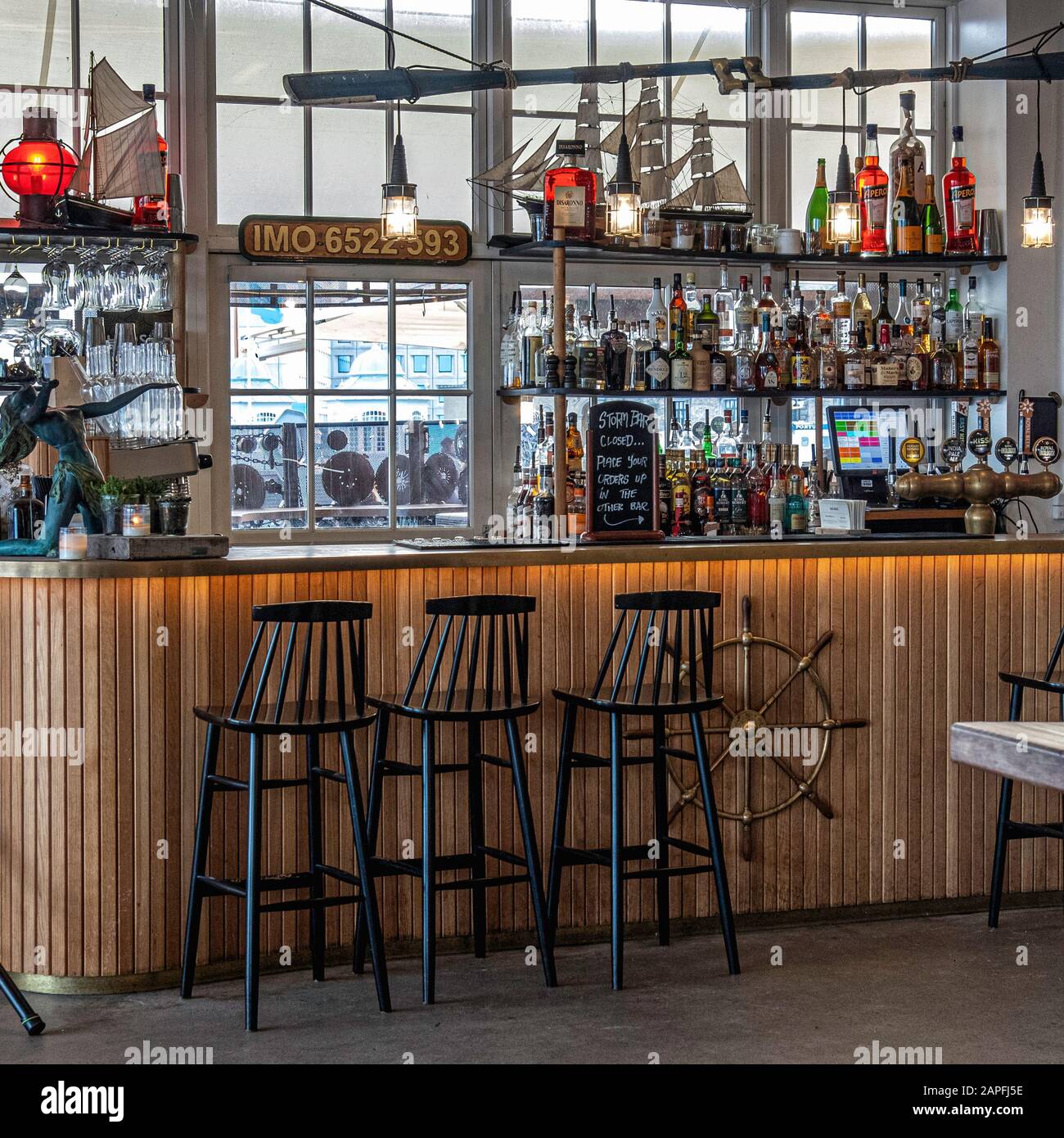 Cafe Toldbod interior. Toldboden Harbour Eatery & Bar in Denmark, Copehagen Stock Photo